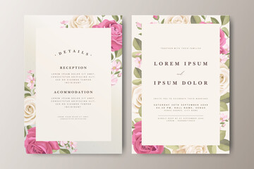 Elegant wedding invitation card design featuring vibrant pink and cream roses with delicate green leaves. Simple, clean text layout on a soft, neutral background, perfect for weddings and VIP events.