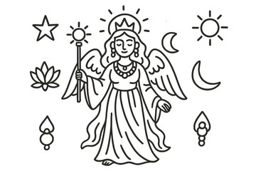 Obraz premium Goddess Doodle Symbols. Goddess. Hand-drawn doodle illustration Goddess crown halo flowing robes lotus flower star moon sun scepter wings jewelry necklace
