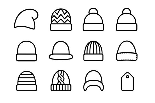 Cozy Beanie Icon Set. Cozy headwear. Line icon set of Cozy headwear: slouchy beanie, knitted beanie, cuffed beanie, pom-pom beanie, folded beanie, wool hat,