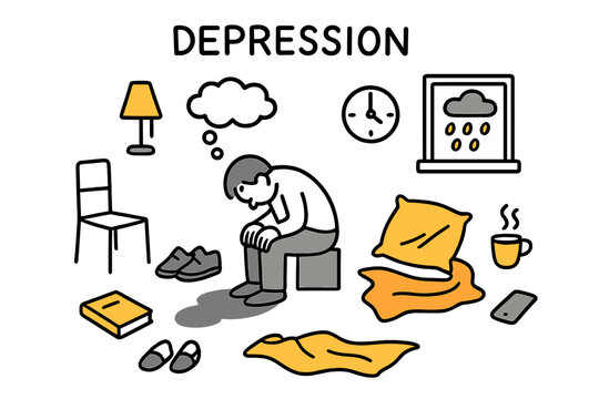 Contemplative Moment Doodle. Depression. Hand-drawn doodle illustration Person, head down, floor, hunched shoulders, thought bubble, shadow, chair, hands on