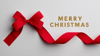 Red ribbon bow elegantly arranged on a light background, featuring golden text that reads Merry Christmas, creating a festive and cheerful atmosphere for holiday celebrations and seasonal greetings