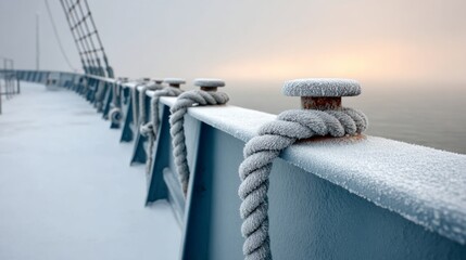Frost-covered rope coiled on a ship railing, surrounded by a serene winter landscape, with soft fog and muted colors creating a tranquil atmosphere on the water's edge
