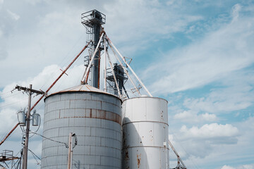 Large grain bins in rural Missouri.