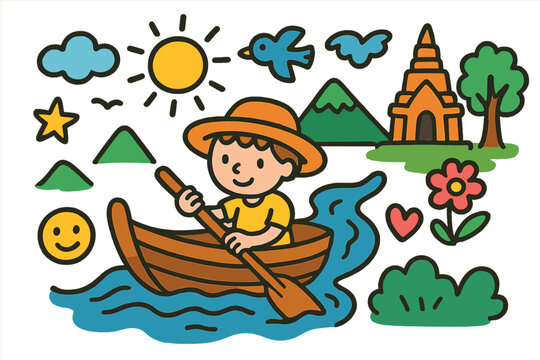 Colorful River Adventure. Floating Along. Colorful Hand-drawn doodle Children illustration boat, river, traveler, paddle, temple, tree, flower, sun, cloud,