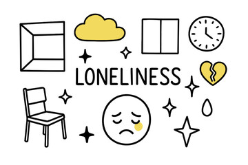 Fototapeta premium Lonely Doodle Illustration. Loneliness. Hand-drawn doodle illustration sad face (colored), empty room (colored), cloud (colored), sparkle, star, single chair,