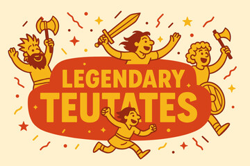 Fototapeta premium Teutates Victory Celebration. Legendary Teutates banner, flat vector illustration, bold oversized text inside rounded blob, cartoon characters waving and