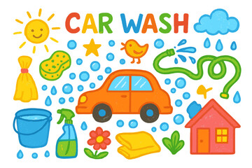 Fototapeta premium Cheerful Car Wash. Neighborhood Car Wash. Colorful Hand-drawn doodle Children illustration car, sponge, bucket, bubbles, hose, spray bottle, towel, flower,
