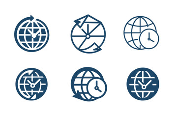 Clock Reset Logos. Resetting a digital clock. Set Logo of Resetting a digital clock: timezone selector globe with clock hands. harmonious logo variations of