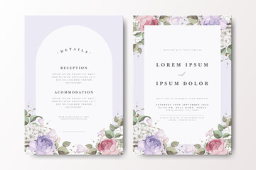 Elegant wedding invitation card design featuring soft lavender and pastel roses with delicate green leaves. Clean text layout on a subtle, light purple background, perfect for weddings and VIP events. © Dream4