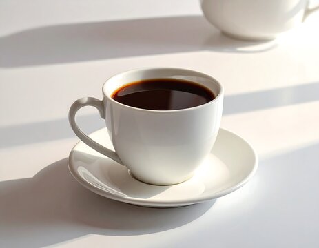 Aromatic Coffee Cup on White Table with Sunlight. - Powered by Adobe