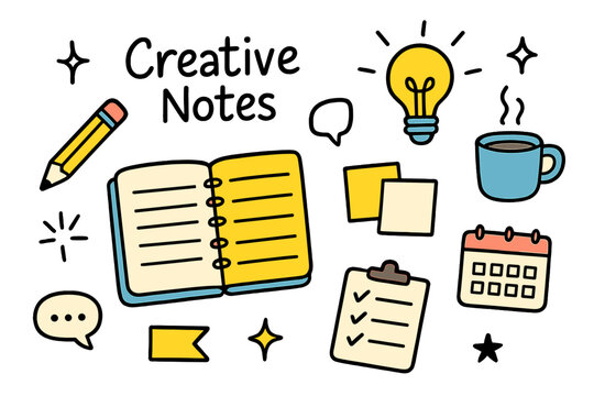 Creative Notes Doodle. Creative Notes. Hand-drawn doodle illustration notebook (colored), pencil (colored), lightbulb (colored), sparkle, star, coffee cup