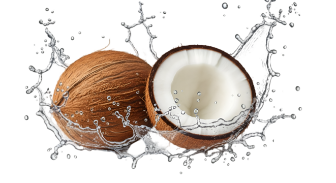 Coconut Halved with Water Splash on Black Background