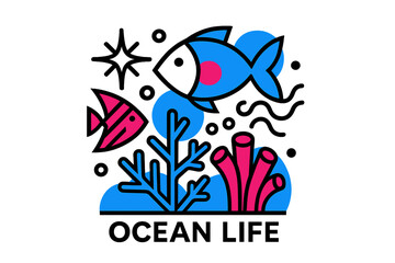Vibrant Ocean Life. Ocean Life. A glowing underwater scene with fish and coral, abstract spark and wave icons symbolizing biodiversity. Modern flat-line