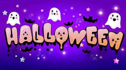Colorful Halloween illustration with cute ghosts, bats, stars, and playful lettering on a purple background.