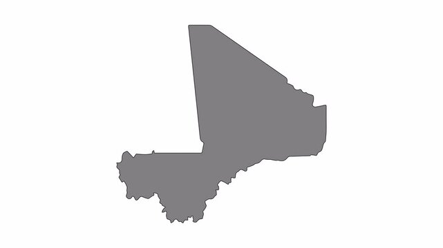 Mali map animation with black line drawing and smooth transition to solid fill on transparent background, symbolizing geography and modern design.