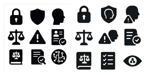 Law and security silhouette icons set &ndash; solid, filled, justice and protection symbols
