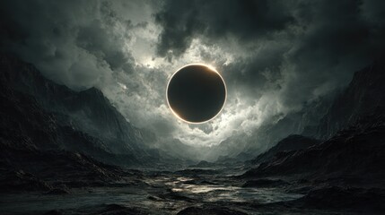 Obraz premium Solar eclipse phenomenon over rocky landscape dramatic sky background