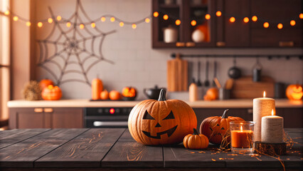 Obraz premium Halloween kitchen decor with pumpkins and candles