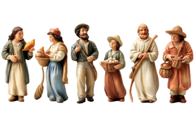 Collection of French Christmas nativity santons with baker shepherd and townsfolk figures isolated on transparent background PNG