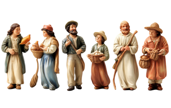 Collection of French Christmas nativity santons with baker shepherd and townsfolk figures isolated on transparent background PNG - Powered by Adobe