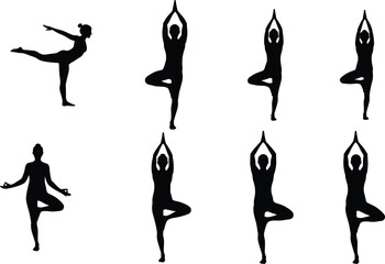 Yoga silhouette illustration with tree pose and meditation, balance posture, mindfulness exercise, wellness fitness, spiritual calm design