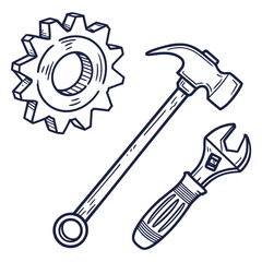 Vector art of gear, hammer, wrench isolated on white