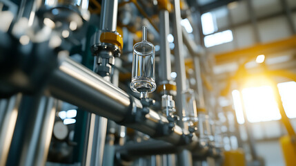 Pipes and monitoring glassware in a factory setting. Clean industrial environment with natural lighting. Focus on process technology and instrumentation.