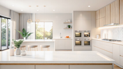 Fototapeta premium Modern kitchen interior with minimalist design and bright lighting