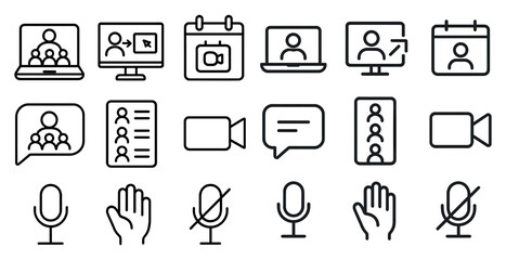 Video conferencing line icons set – communication, online meeting symbols