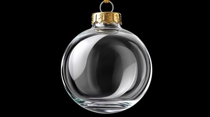 Transparent glass Christmas ornament with a golden cap, elegantly suspended against a black background, showcasing its smooth surface and reflective qualities, perfect for holiday decoration and festi
