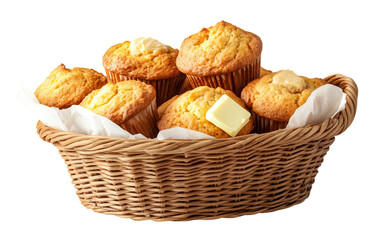 Fototapeta premium Freshly baked golden cornbread muffins arranged neatly in a rustic basket with a side of creamy butter for serving isolated on transparent background PNG