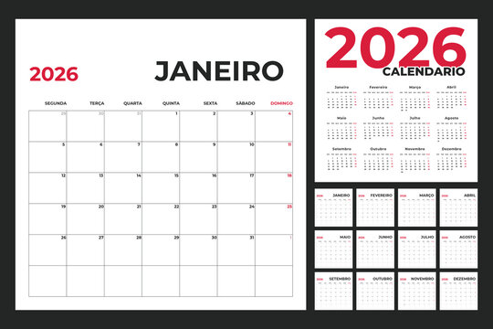 Portuguese Calendar Template for 2026 Year with Monday Start