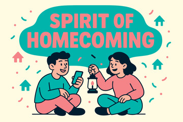 Homecoming Celebration Banner. Spirit of Homecoming banner, flat vector illustration, bold oversized text inside rounded blob, cartoon characters sitting and