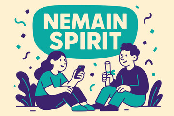 Nemain Spirit Banner. Nemain Spirit banner, flat vector illustration, bold oversized text inside rounded blob, cartoon characters sitting and chatting, holding