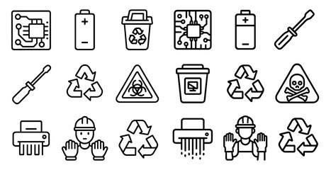 Technology and recycling outline icons set – linear, electronic waste symbols