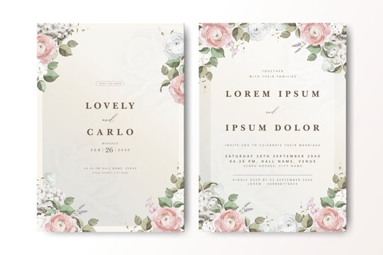 Charming wedding invitation card design featuring soft pink and cream roses with green leaves. Elegant text layout on a neutral background, perfect for weddings and VIP events.