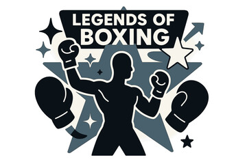 Obraz premium Boxing Legends Sparkle. Legends of boxing. Glowing poster-like scene with silhouette of champion boxer framed by bold stars and gloves. Floating icons of