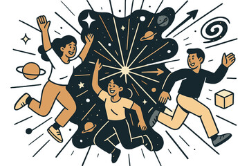 Expansive Cosmic Motion. Expanding cosmos. Glowing lines radiating outward with stars, galaxies, and planets in motion. Floating icons of sparkle, swirl, and