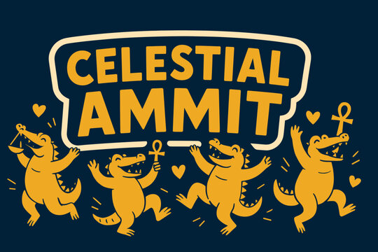 Celestial Ammit Banner. Celestial Ammit banner, flat vector illustration, bold oversized text inside sticker outline, cartoon characters jumping and dancing,