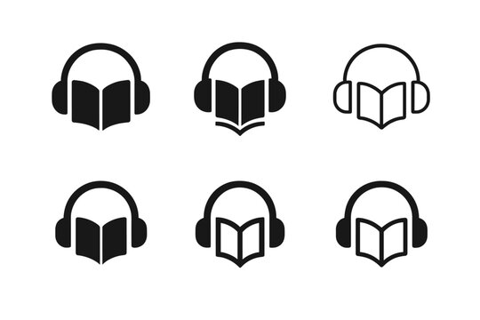 Creative Workshop Logos. Remote Workshops for Personal Development. Set Logo of Remote Workshops for Personal Development: headphones with book. harmonious