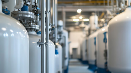 Industrial tanks and piping create a repetitive pattern in this bright manufacturing setting. Close-up view showcases the details of the equipment.