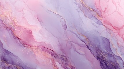 Naklejka premium Ethereal marble-like abstract watercolor texture with soft pink, lavender, and purple hues blending seamlessly with delicate golden veins