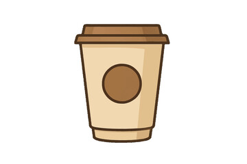 Simple flat design illustration of a takeaway paper coffee cup with a lid, an icon representing a morning routine, caffeine, and a warm beverage break