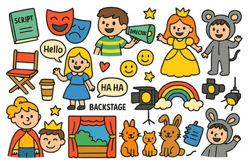 Theater Creativity Unleashed. Theater Team. Colorful Hand-drawn doodle Children illustration actors, director, scripts, stage props, costumes, chairs, lights,