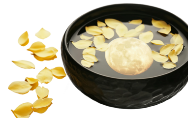 Serene bowl of water reflecting the full moon surrounded by floating blossoms symbolizing peace and meditation isolated on transparent background PNG