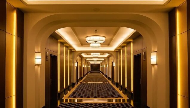 Golden Corridor: The image captures an architectural marvel with its illuminated details and symmetrical design. The corridor's long perspective leads the viewer's eye along a path of light.