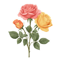 Naklejka premium Pink Yellow Orange Roses Stem Leaves isolated on a transparent background