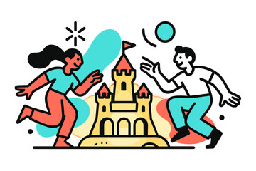 Glowing Sandcastle Balance. Balanced Arches. A glowing sandcastle with multiple delicate arches supporting towers, abstract spark and circle icons symbolizing