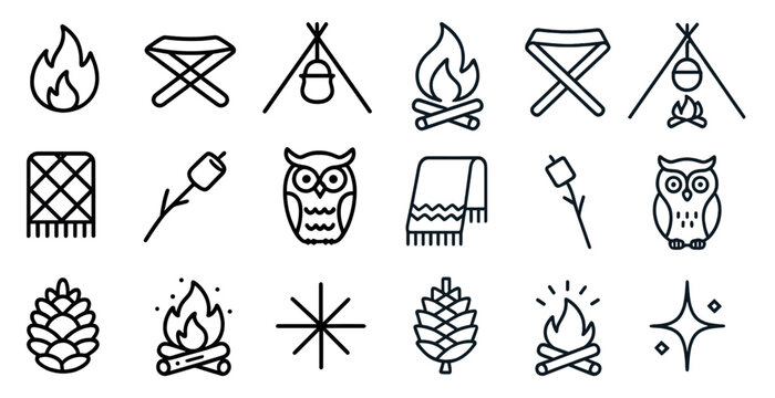Camping and outdoor line icons set – outline, silhouette, adventure symbols