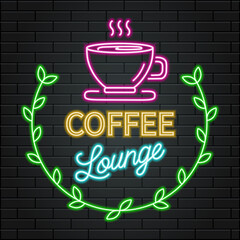 Obraz premium Vector neon sign “Coffee Lounge” on dark brick wall. Bright colorful glow in retro bar style — perfect for café, lounge, poster, or night bar design.